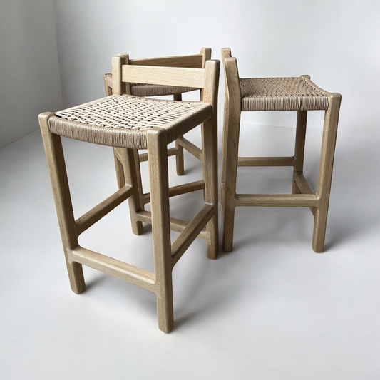 Tabouret Haut en Chêne avec Assise en Corde Danoise